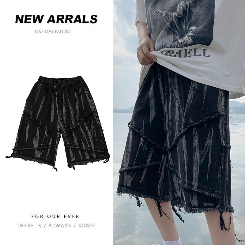Tie-dyed Black Denim Shorts Men's Summer Thin Trendy Brand Washed American Style Retro High Street Loose Shorts