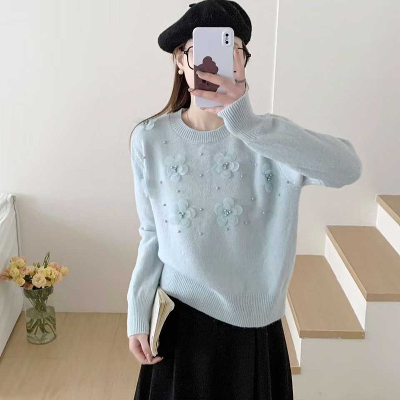 Korean Style Round Neck Stereo Flower Soft Waxy Knitwear Autumn and Winter New Age-Reducing Pure Color Loose Versatile Slimming Look Knitwear for Women Korean Style Round Neck Stereo Flower Soft Waxy Knitwear Autumn and Winter New Age-Reducing Pure Color Loose Versatile Slimming Look Knitwear for Women