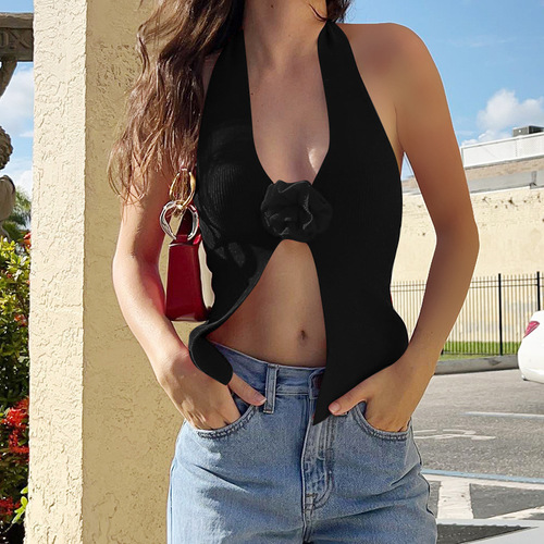 Flower halter neck suspender fashion style hot girl sexy slim flower design halter neck knitted vest top for women
