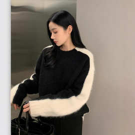 韩国chic秋冬复古休闲百搭前后两穿黑白撞色针织圆领套头毛衣