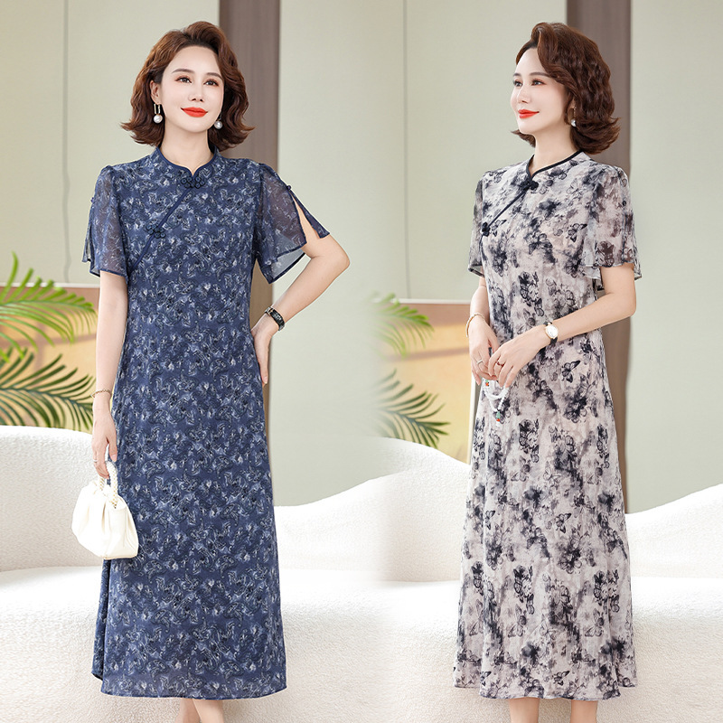 新作夏2025気質ファッションママ夏服ワンピース洋風中老婦人服半袖着痩せスカート|undefined