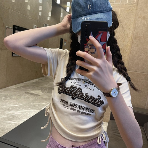 Pure desire American retro sweet hot girl drawstring contrasting color V-neck short-sleeved T-shirt women's summer irregular slimming short top