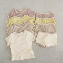 婴儿短袖夏装套装短裤宝宝棉坑条薄款新生婴儿分体衣服夏季男女童