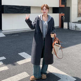 高端连帽双面羊绒大衣女秋冬新款简约中长款韩版宽松休闲羊毛外套