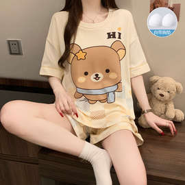 纯棉睡衣女带胸垫夏季卡通可爱短袖短裤夏天全棉家居服套装可外穿