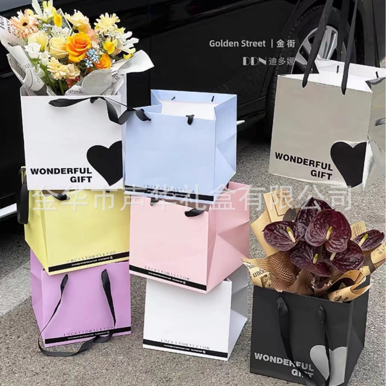 新款镜面方形花束手提袋情人节礼物礼品袋花店花艺插花纸袋手提袋