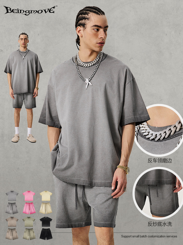 2025 verano americano retro blanco degradado de manga corta batik casual camiseta deportiva suelta pantalones de cinco puntos traje hombre