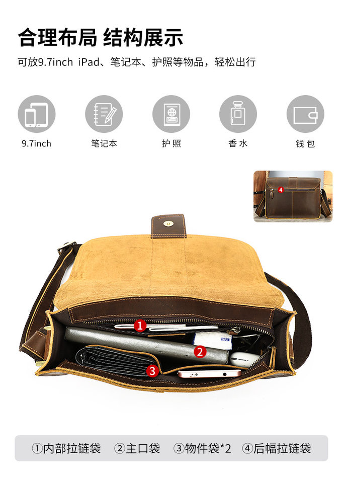 Túi đeo chéo nam da thật da ngựa điên phong cách retro, túi đeo vai đựng vừa máy tính bảng 8 inch — 1323 màu nâu, 1323cà phê, 6097 cà phê đen, 6097 màu nâu chi tiết 145