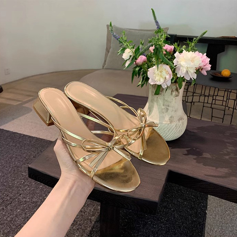 Madre de uva ~ arco dulce francés variedad de tacones gruesos de dedos descubiertos zapatillas romanas de verano para mujeres