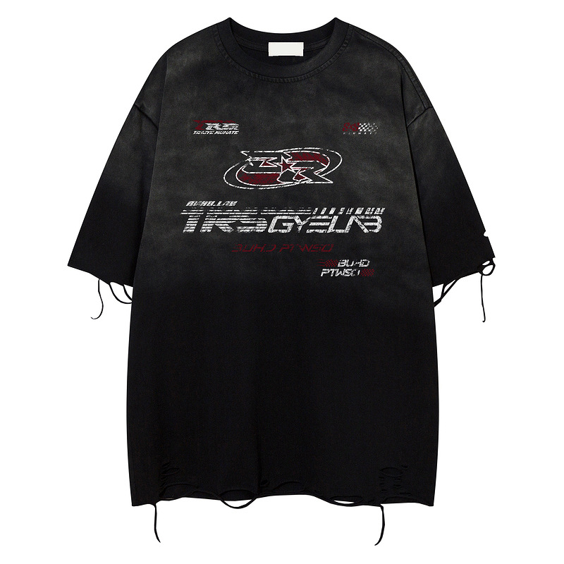 Cut Holes American High Street Washed Racing Heavy Short-sleeved T-shirt Men And Women Retro Loose Tide Brand Gradual Change T-shirt_voghion.com