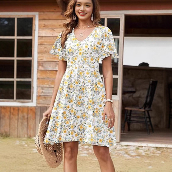 Cross-Border Amazon Aliexpress 2025 Summer New Casual Floral Ruffle Mini A-Line Dress