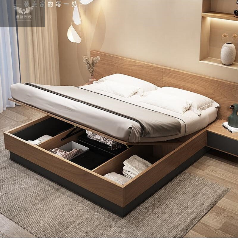 Dormitorio principal de estilo japonés moderno y sencillo cama doble nórdico con tabla de tatami 1,5 m cama de caja alta hotel