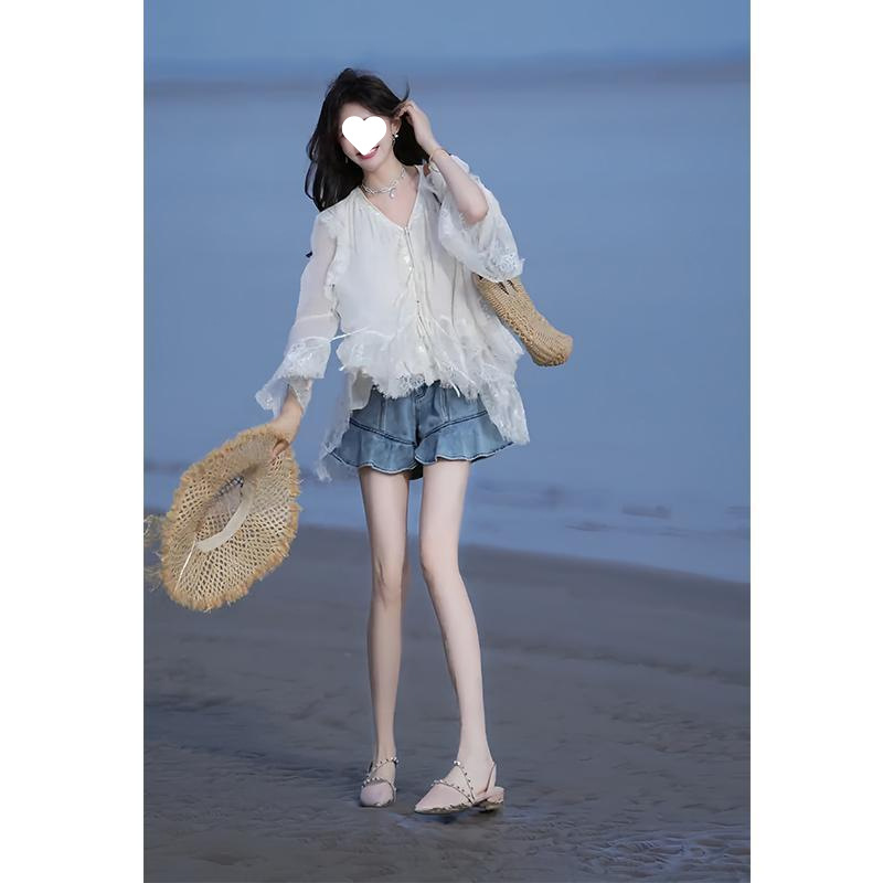 夏季2025新款一整套女装韩系穿搭氛围感蕾丝拼接衬衣牛仔喇叭|undefined