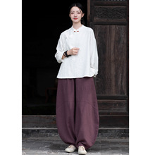 禅修服女套装中式斜襟棉麻上衣佛系禅意女装素衣禅服寺院居士服女