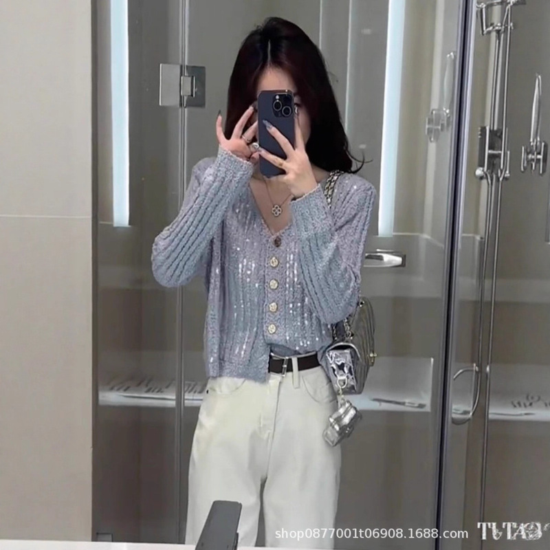 秋冬季重工亮片长袖单排扣针织开衫小香风女装上衣宽松珠片毛衣女|undefined