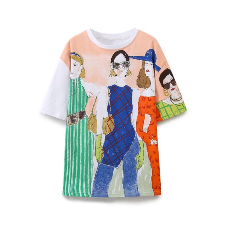 Cross-border 2024 Summer New Fashion Casual All-match Printed Loose Girl Pattern T-shirt 1165251