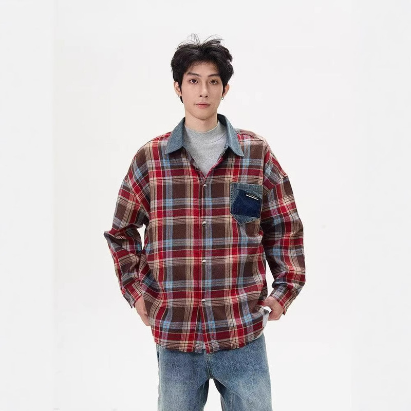 Spring 2025 American Retro Plaid Shirt Jacket Men's Niche High-end Sense Loose Trendy Brand Pluck Handsome Casual Shirt