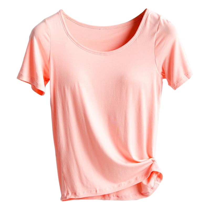 Bra-t con almohadilla de pecho sin anillo de acero sujetador sin desgaste con almohadilla de pecho taza integrada yoga deportes manga corta Camiseta verano y otoño