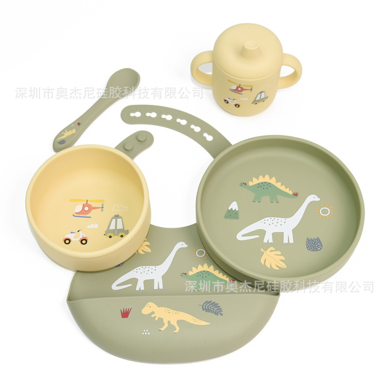 スポット卸売食品グレード食器プリントボウル、プレート、スプーン、ウォーターカップ、よだれかけ5点セット子供用シリコン食器セット|undefined
