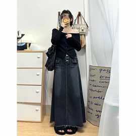 170高个子美式复古牛仔半身裙女春秋设计感高腰排扣字鱼尾长裙子