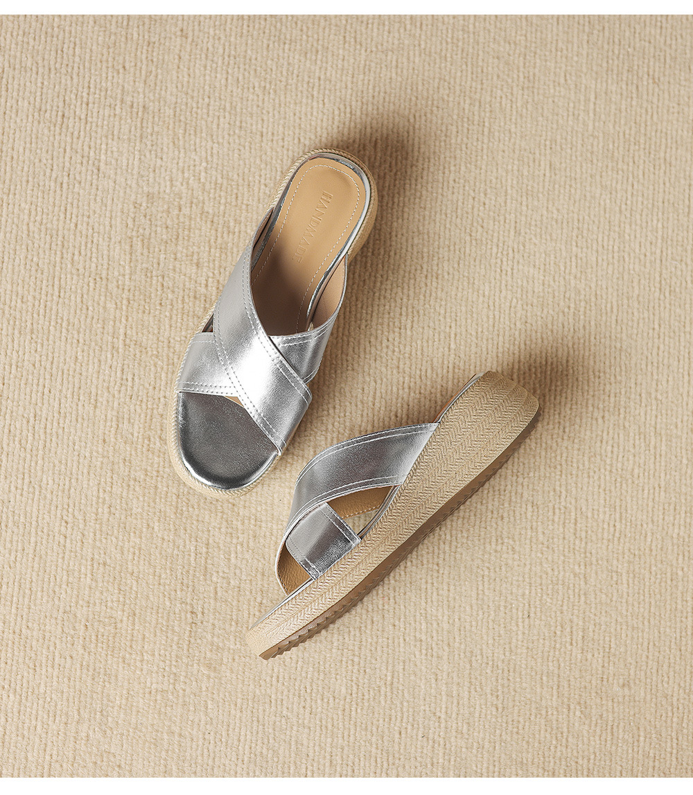 Dép sandal nữ quai chéo hở ngón đế dày da cừu — màu trắng ngà chi tiết 24