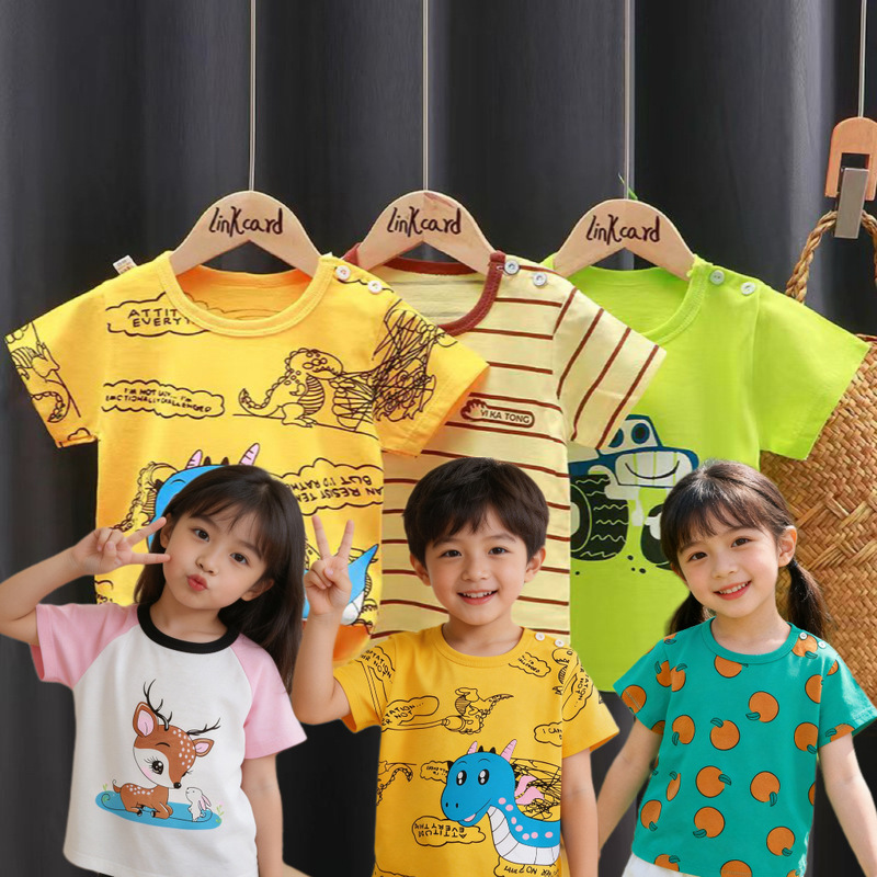 Children's Pure Cotton Short-Sleeved T-Shirt for Boys and Girls in Summer, Baby Cartoon Cute and Versatile 100% Cotton T-Shirt Short-Sleeved