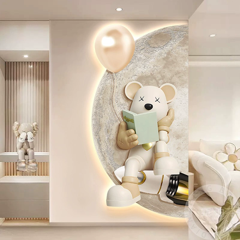 Легкий экстравагантный кремовый ветер, сильный медведь, лунный вход, крыльцо, декоративная роспись полукруглой гостиной, фоновая стена напротив двери, настенная роспись