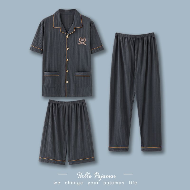 Pijamas de tres piezas para hombre verano 100% algodón pantalones de manga corta traje Delgado verano dibujos animados más tamaño homewear