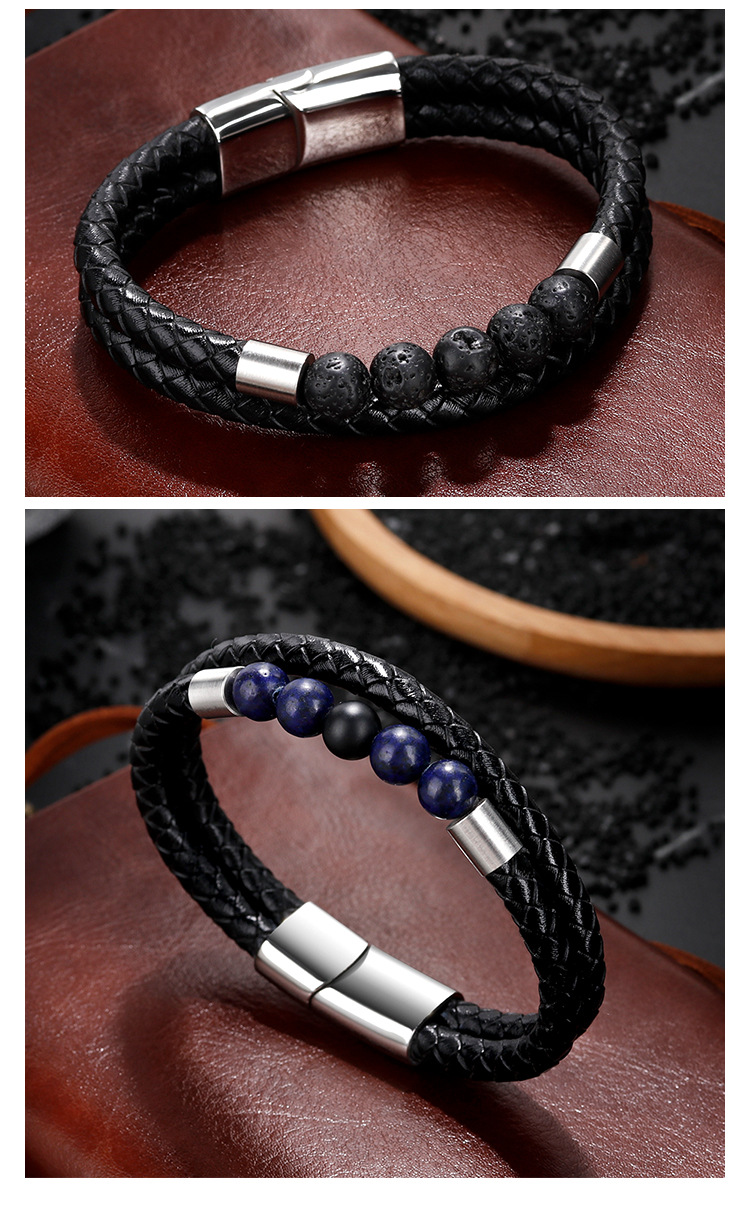 Retro Estilo Simple Geométrico Acero Inoxidable 304 Piel De Vaca Con Cuentas En Capas Barniz De Estufa Hombres Brazalete Pulseras De Cuero Y Cordón Para Hombre display picture 1