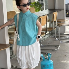 兒童無袖夏裝襯衫2023新款男童背心時尚開衫薄款韓版潮流翻領襯衣