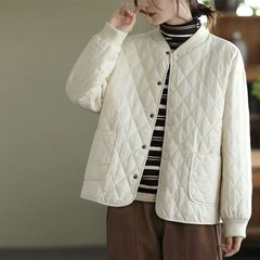 纯色新款复古加厚秋冬2025棉衣棉服外套宽松女轻薄款保暖菱格夹棉
