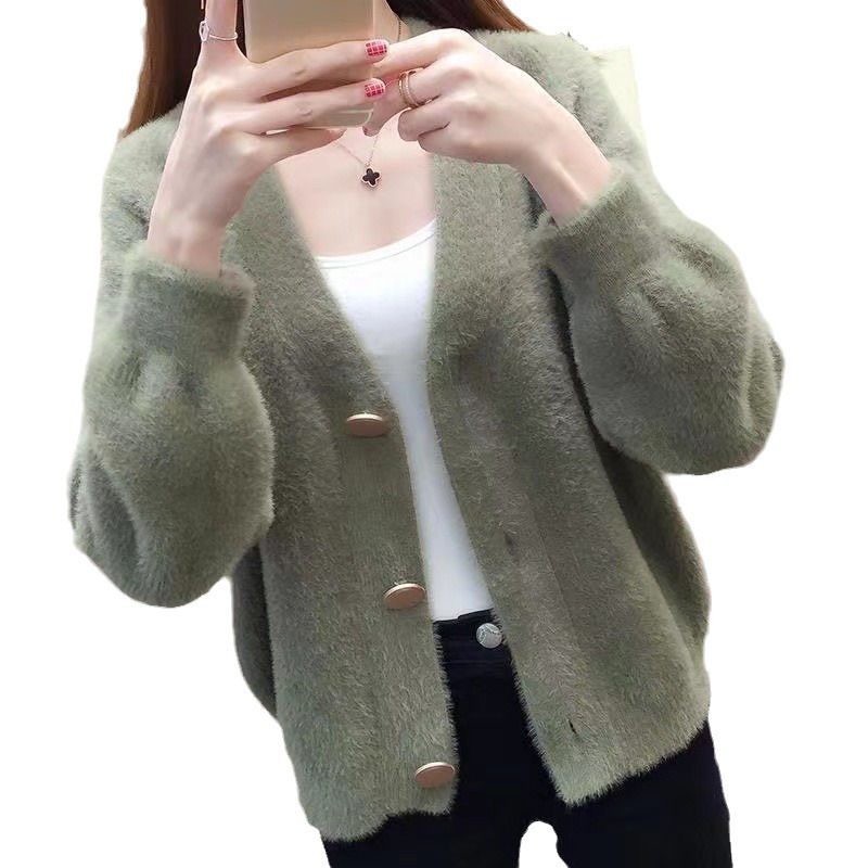 2023 otoño y el invierno nuevo estilo coreano Faux visón terciopelo punto cardigan abrigo suéter de las mujeres corto flojo exterior superior