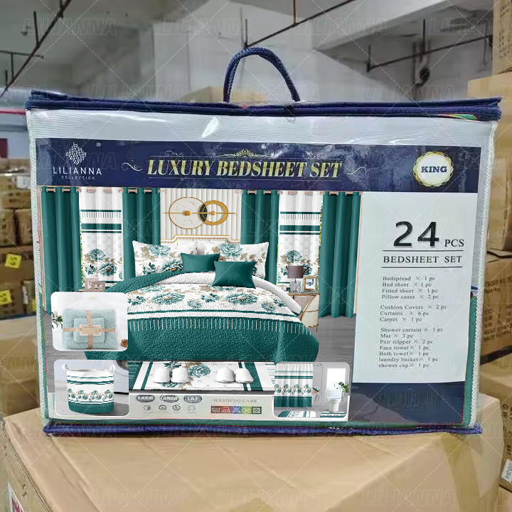 外贸跨境特大号床上用品套装床单带窗帘家用卧室窗帘床品24件套