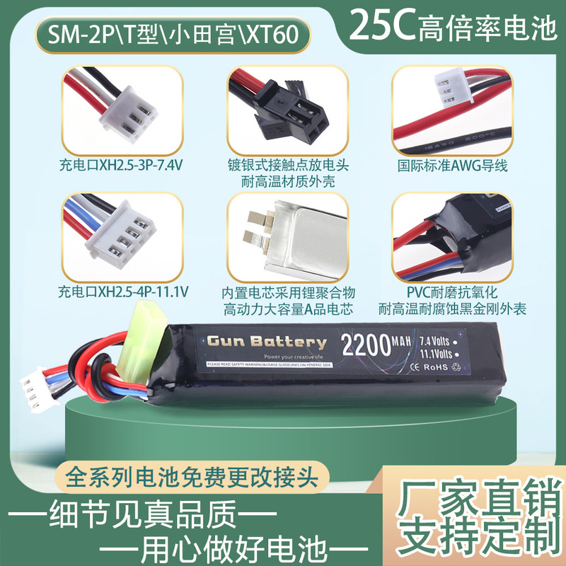 Wholesale 11.1V2200Mah Lithium Battery 30C High Rate Suitable for Electric Toy Gun Battery Soft Bullet Gun Accessories/