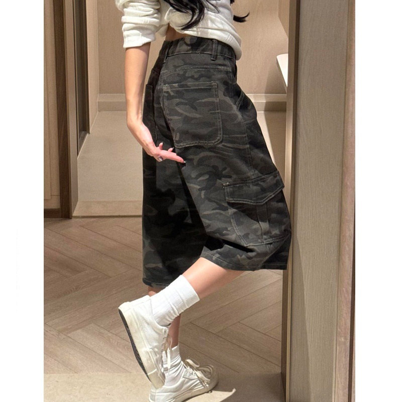 美式迷彩灰工装七分裤女夏季薄款宽松显瘦版型超好看的直筒中裤子