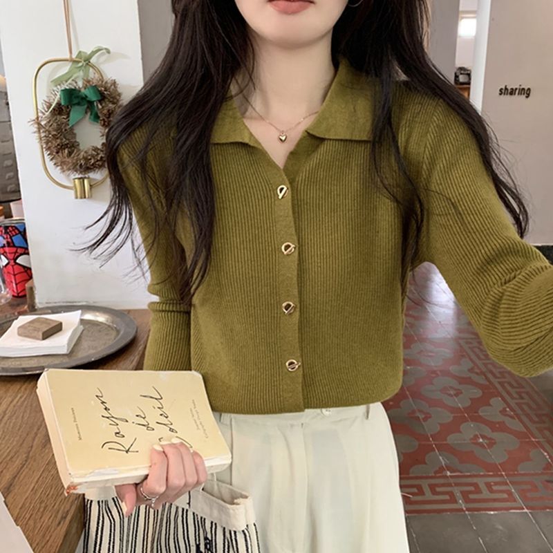 复古POLO领修身单排扣针织开衫女2025春秋季长袖气质打底显瘦外穿|undefined