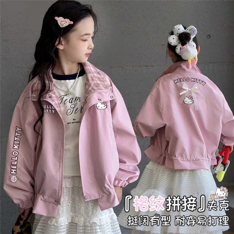 Hellokitty Hello Kitty Girls' Spring Jacket 2026 Style Plaid Collar Patchwork Three-Dimensional Cut Jacket Outerwear