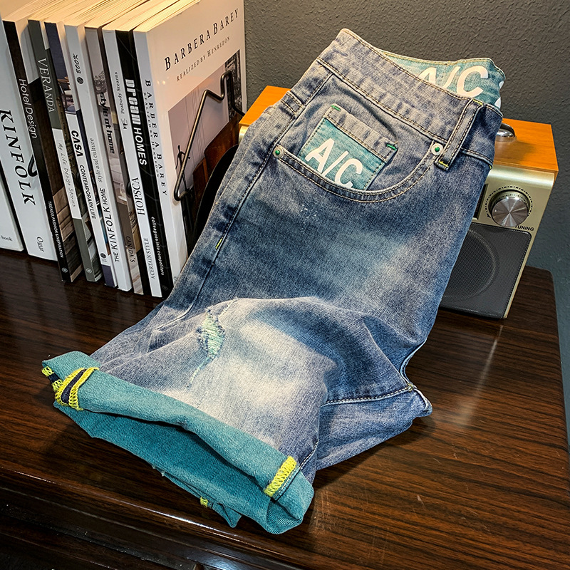 Sommer dünne Denim Sho, Männer der amerikanischen Mode-Label, abgeschabt und zerfetzt Hosen, atmungsaktives Design, lässig 5-Zoll_voghion.com