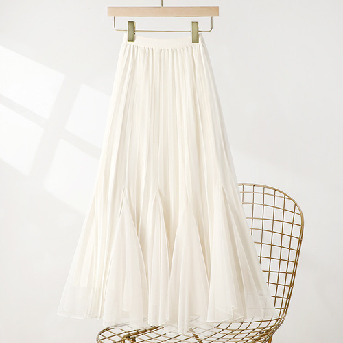 Women's two-sided mesh skirt half skirt autumn new high-waist covers the hip pleated A-line large swing fish tail long dress