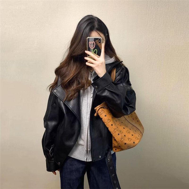 美式复古机车皮衣PU外套女2025秋季新款感酷飒风宽松黑色夹克|undefined