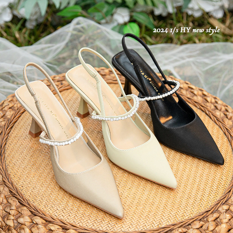 Giày sandal nữ bít mũi mũi nhọn gót mảnh quai ngang đính đá, gót 6–8 cm — Màu mơ, Màu vàng nhạt, Màu đen