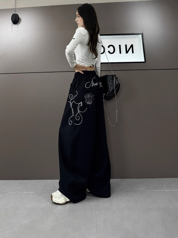 亚马逊跨境女装新重工刺绣千禧玫瑰时尚气质宽松显瘦休闲阔腿裤|undefined