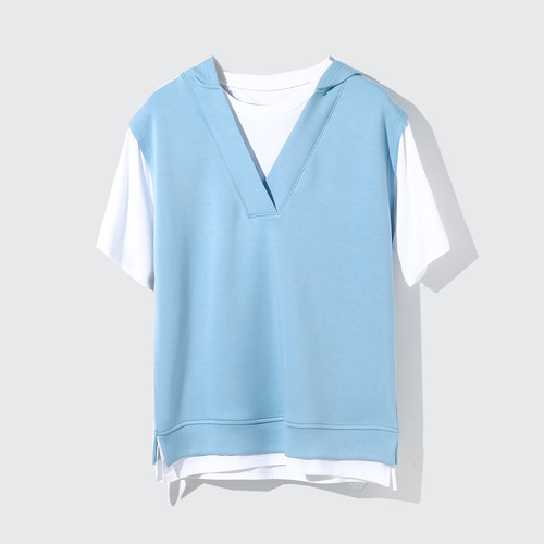 Air Layer False Two-Piece Short Sleeve Sweatshirt for Women, Summer Korean Version Hooded Loose Slimming T-Shirt Simple Top