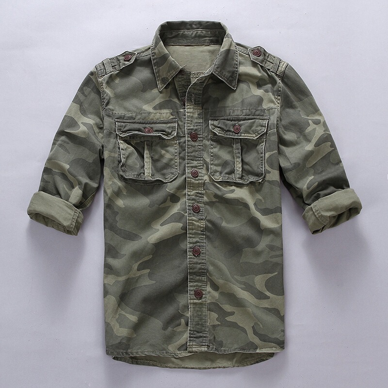 Cross-Border American Retro Men's Casual Shirt, Cotton Camouflage Slim-Fit Workwear Top, Thin Style with Turn-Down Collar and Long Sleeves