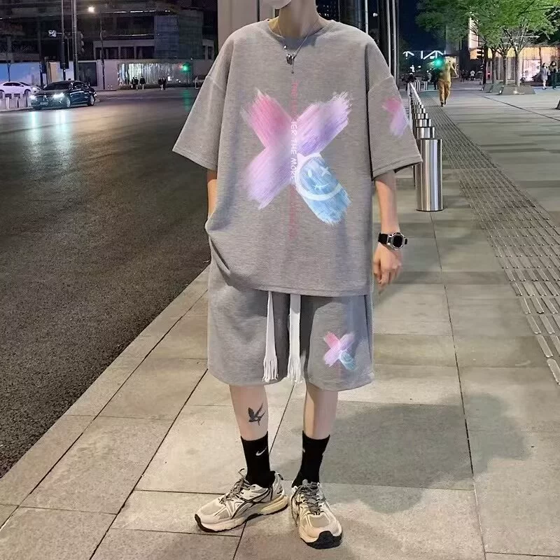 Сетевой рисунок Вафельные рукава с коротким рукавом-черный белый серый синий