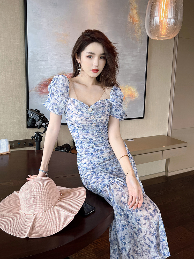 Váy đuôi cá nữ tay bồng họa tiết hoa Pháp màu xanh — màu xanh