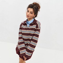 跨境长袖条纹T恤女 欧美春夏新款polo领宽松体恤潮流复古打底体恤