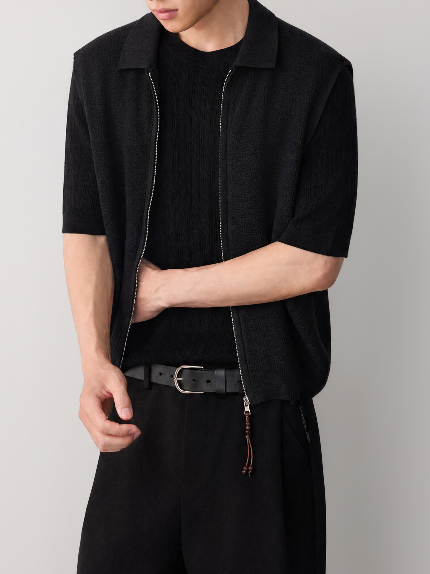 Áo gile len nam pha linen dáng cardigan khóa kéo phong cách công sở — đen