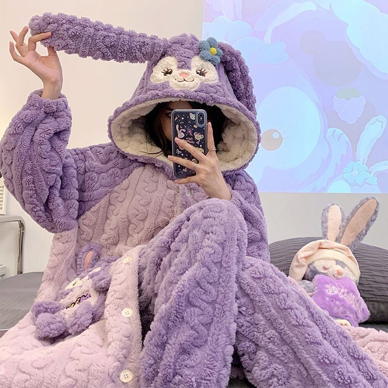 Pijamas de lana de coral para mujer de invierno de manga larga 2024 nueva franela engrosada y cálida primavera y otoño traje de servicio a domicilio