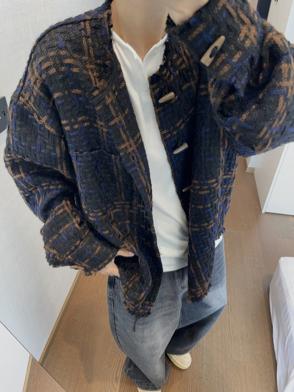 Factory Direct Supply Autumn and Winter Retro Versatile Coarse Woolen Woven Chanel-Style Collarless Raw Edge Jacket for Men